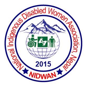 Logo of NIDWAN shows three moundation in the background with a globe in front. Superimposed are three green logos, a wheelchair user, hands in the sign language for interpreter and a person using crutches. Around the outside in a circle is the name ‘National Indigenous Disabled Women Association, Nepal NIDWAN